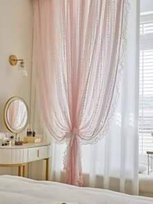 1pc French Style Sheer Curtain With 2 Side Pearl Lace Trim, Lightweight Semi-Sheer Bedroom Curtain, Princess Style - Baby Pink - View 7