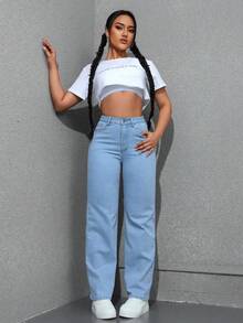 IDYLLIC Jeans de Pierna Ancha con Cintura Alta y Cordón para Mujer - Denim Elástico Suave, Ajuste Cómodo Azul Claro con Cinturilla Ajustable, Bolsillos Diagonales, Estilo Versátil Todo-Tiempo, Jeans Todoterreno | Jeans de Tiro Alto | Mezcla de Denim Suave - azul real - Ver 3