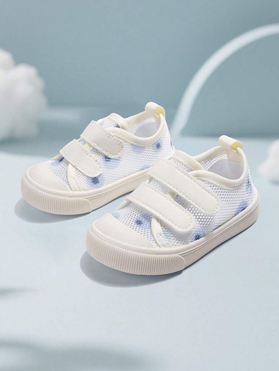 1 Pair Girls Colorful Mesh Hook And Loop Flat Casual Breathable Sports Shoes, Comfortable For Daily Outdoor Activities (Pattern Randomly) - White - View 1