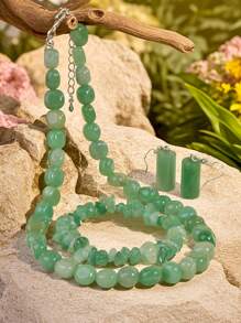 Conjunto de Joias de Pedra Natural Assimétrico Elegante, Colar de Contas Feito à Mão Vintage, Pulseira e Brincos, Joia de Pedra Preciosa Versátil, Presente para Mulheres, Adequado para o Dia das Mães e Feriados