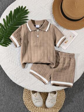 Bhchntiy 2pcs/Set Infant Boys' Summer Polo Collar Jacquard Solid Color Top And Shorts Casual Fashion Outfit