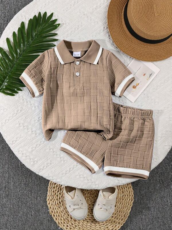 2pcs/Set Infant Boys' Summer Polo Collar Jacquard Solid Color Top And Shorts Casual Fashion Outfit