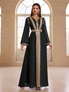 YISIKADO Váy dài tay thắt đai sequin chiffon phong cách Ả Rập dành cho nữ cho những dịp trang trọng - màu đen - Xem 5