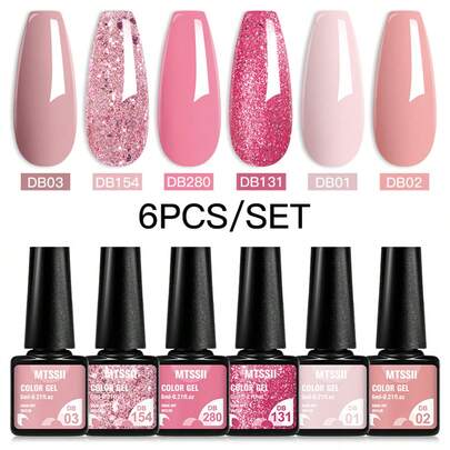 6支装裸粉色闪粉凝胶指甲油，亮片UV凝胶指甲油 - 持久、半永久、可卸除、闪亮春夏美甲色、易于涂抹、高光泽、沙龙级品质指甲油