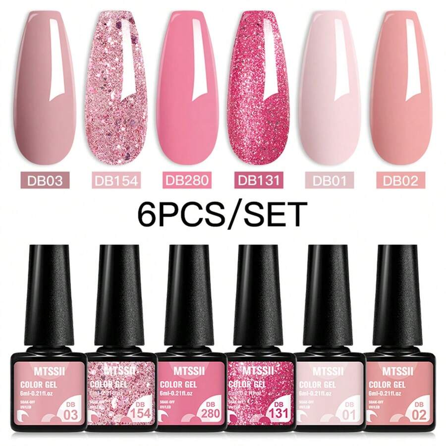 6支装裸粉色闪粉凝胶指甲油，亮片UV凝胶指甲油 - 持久、半永久、可卸除、闪亮春夏美甲色、易于涂抹、高光泽、沙龙级品质指甲油