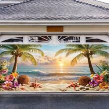 2D Door Banner, 1 Summer Beach Garage Door Banner - Vibrant Ocean, Palm Tree, And Beach Design, 2D Polyester Fiber Party Background, Suitable For Indoor/Outdoor, Garden, Terrace, And Commercial Activities