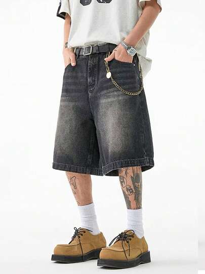 HEHCN Men's Dark Grey Casual Simple Denim Shorts, Loose Straight American Street Style Bermuda Shorts Retro American,Summer Outfits,Suitable For Everyday Wear,Relaxed Fit ,Summer Holiday Outfits