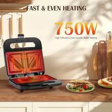 1 Pc 4 Slice Sandwich Maker, Toaster Oven, 750W, Double-Sided Constant Temperature, Non-Stick Ceramic Coating, Overheating Protection, Anti-Scald Handle, Cable Storage, Non-Slip Base, Suitable For Making Sandwiches Or Toast - EU F Type Plug(220-240V) - View 3