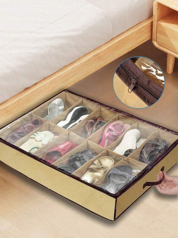 1 pieza Caja de almacenamiento de zapatos de tela vintage, caja de zapatos rectangular de 12 rejillas impermeable, a prueba de polvo y a prueba de humedad de uso múltiple con ventana transparente, para almacenamiento en cocina, sala de estar y dormitorio