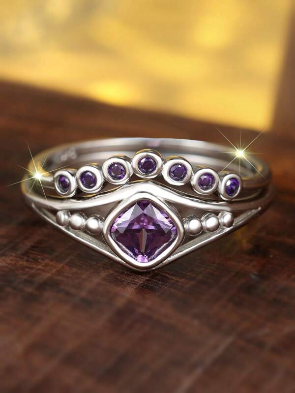 Luxus 925 Sterling Silber Lila Quadrat Ring Set, Schmuckgeschenk für Damen zu Hochzeiten, Verlobungen, Partys, Jahrestagen