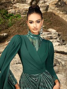 Luxurious Beaded Sequined Evening Gown With Extra Long Sleeves, Mermaid Tail Prom Dresses Perfect For Red Carpet Galas, Luxury Weddings, Music Awards, And Metaverse Fashion Shows - Dark Green - View 3