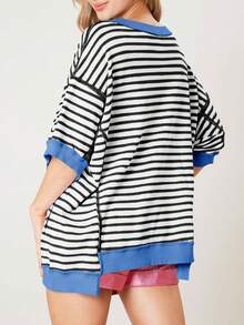 Womens Oversized Striped T Shirt Color Block Cotton Crewneck Half Sleeve Loose Fit Top - màu đen - Xem 5