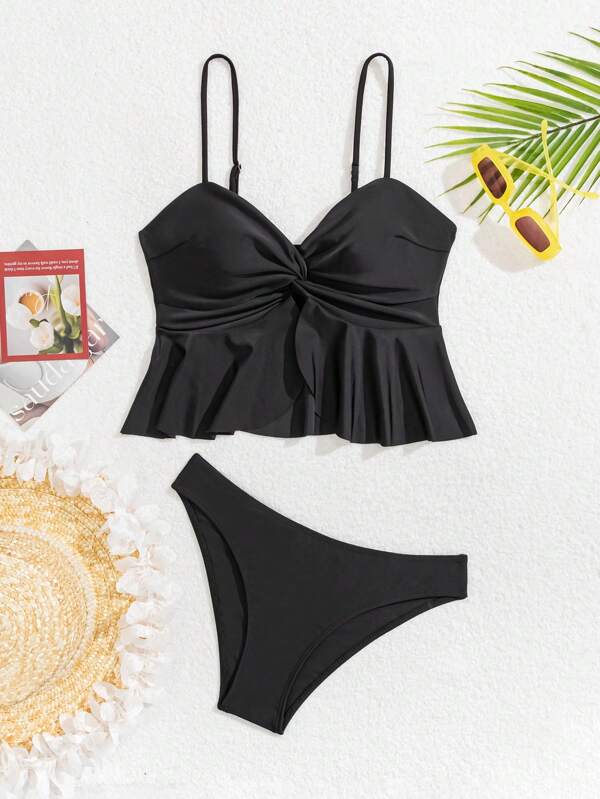 2pcs/Set 2025 New Arrival Solid Color Bandeau Bikini, Fashionable Casual Swimwear
