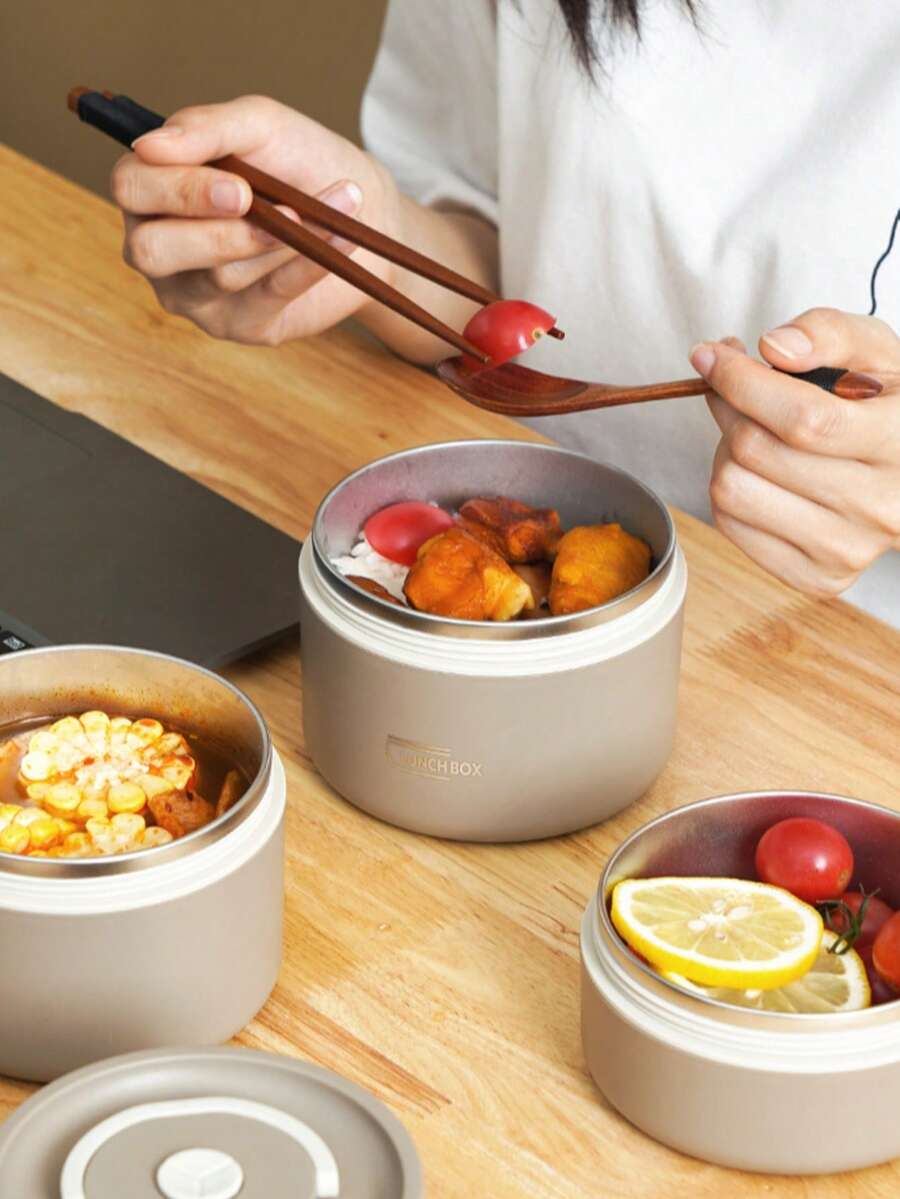 Stainless Steel Thermal Lunch Box, Leak-Proof Bento Boxes, Round Multi-Layered Microwave-Safe Food Container - Dark Brown - View 1