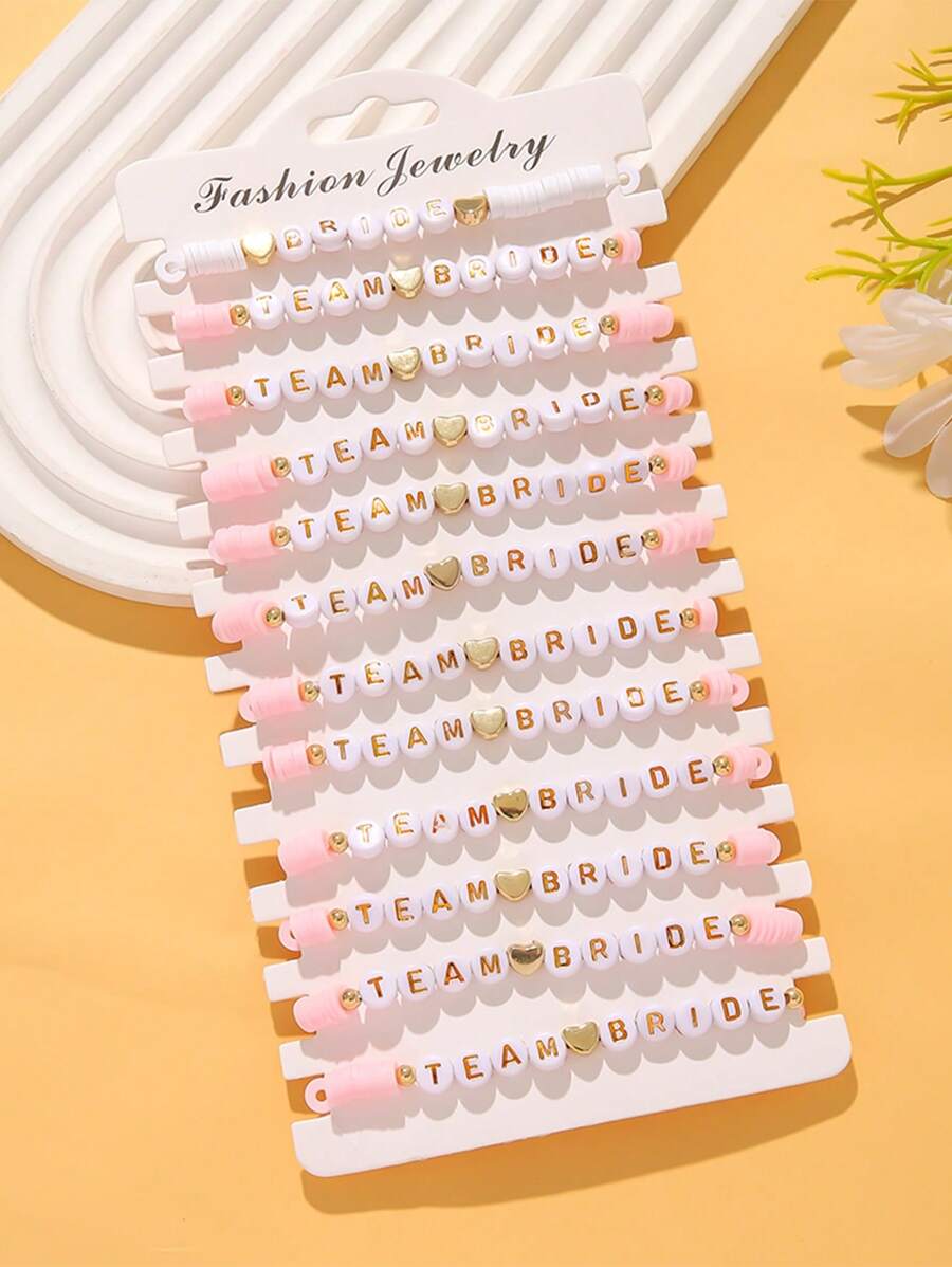 12pcs Set Fashion CCB Soft Clay Resin English Letter & Heart Charm Bracelets, Suitable For Bridesmaids, Daily Wear, Weddings, Engagements, Parties, Gifts For Women