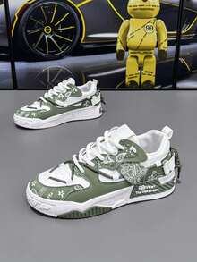 Zapatillas deportivas informales de moda para hombre,tenis para hombre,Suela gruesa antideslizante,transpirables y ligeros,Diseño exclusivo con graffiti urbano y acabados modernos,Perfectos para calle, trabajo y deporte, Colección limitada con detalles de malla y patrón colorido - blanco y verde - Ver 7