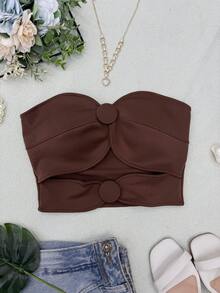 ELLIE Women's Strapless Crop Top With Button Details - 深棕色 - 查看 2