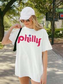 Comfort Colots Tshirt Vintage Philly T-Shirt, Relaxed Fit Tee, Philly Baseball Shirt, Phanatic, Philadelphia Baseball T Shirt Oversized Shirts For Women,Loose Fit Round Neck Short Sleeve Women T-Shirt, Suitable For Summer - 白色 - 查看 3