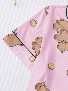 Conjunto de pijama tipo cárdigan para niños, conjunto de ropa de casa ligera de manga corta con estampado de capibara y mandarina lindo para niñas, para el verano