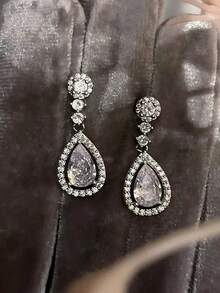 1 对优雅泪珠水钻镶嵌玻璃耳环，精致个性化，适合派对、婚礼、女士日常佩戴 - 銀色 - 查看 7