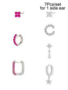 7 Stück/Set Ohrringe für Frauen, goldfarbene Ohrklemme mit Zirkonia, Ohrstecker, Creolen, Ohrringe für Frauen, Schmuckzubehör für den Strandurlaub - 7 Stück/Set (für 1 Seitenohr) - Übersicht 7