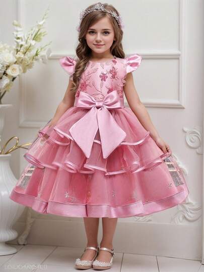 幼儿和小女孩亮片刺绣公主派对礼服，蓬松薄纱舞会礼服，适合所有季节