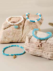 5pcs Bohemian Braided Anklet Set With Beads, Starfish, Shell, Metal Pendant, Suitable For Beach, Party, Daily Wear, Great Gift Choice - Blue - View 2