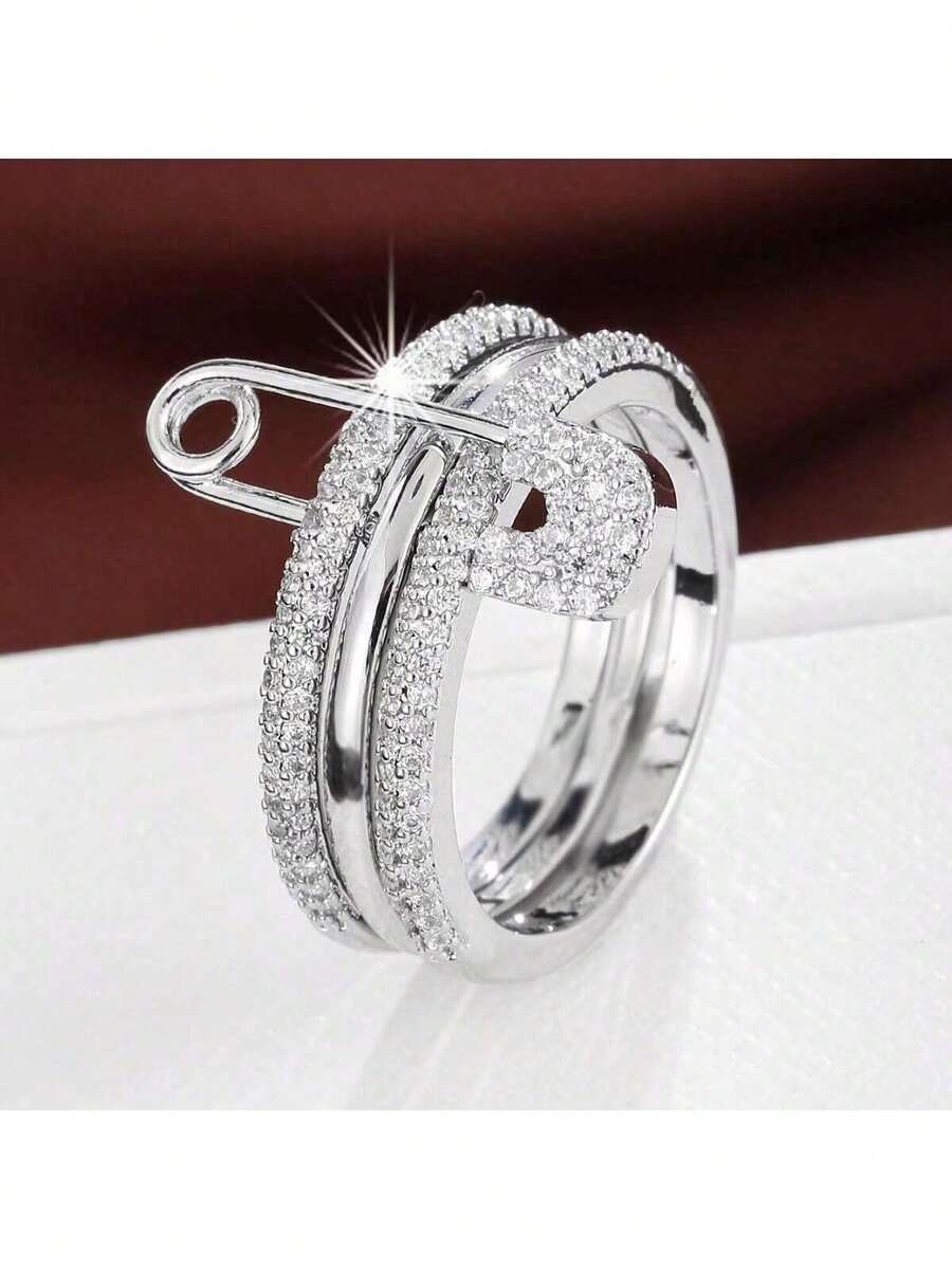 1pc Unique Triple-Loop Design Cubic Zirconia Decorated Women Ring