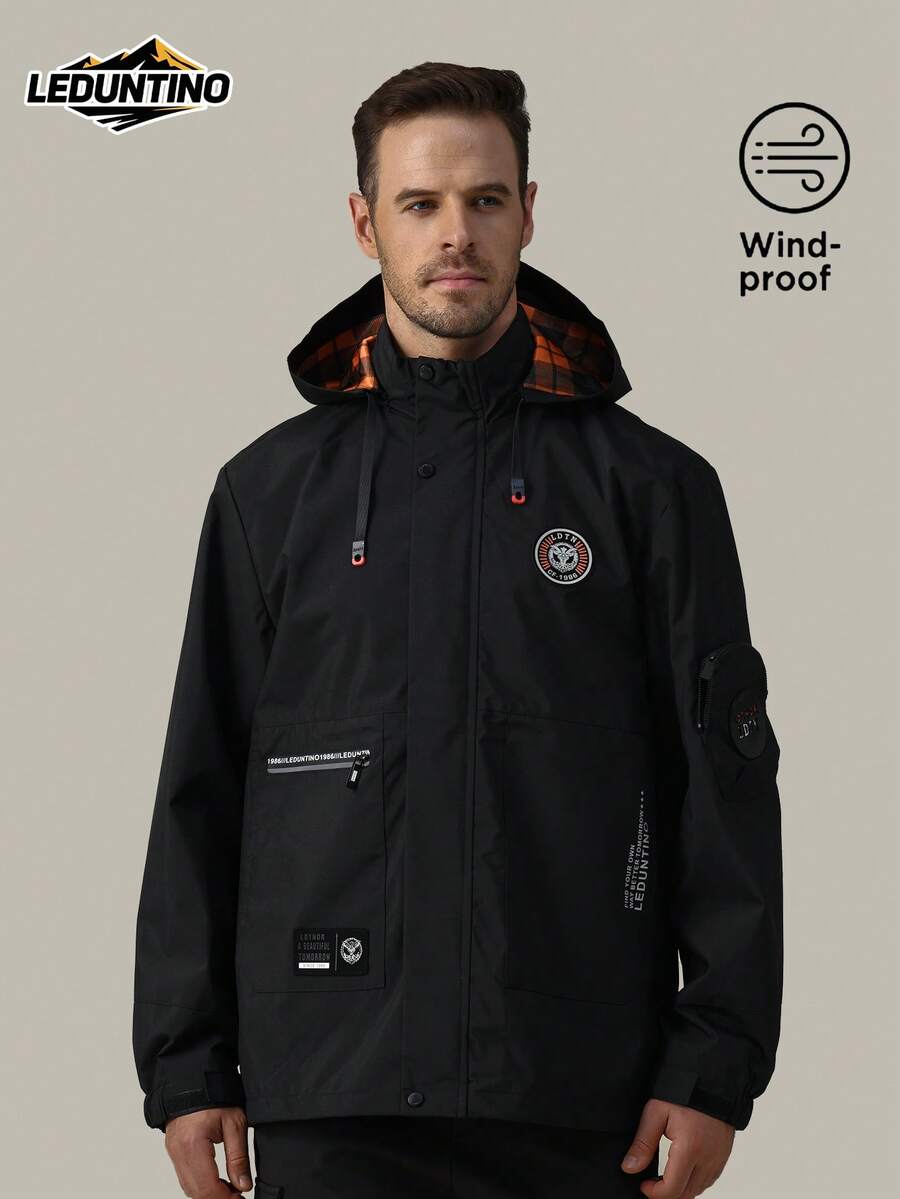 LEDUNTINO 【春夏】男士时尚拉链休闲户外夹克，运动风，纯色（酒红色、橙色），标语，男友礼物，男士轻便春秋夹克，带可拆卸帽子，秋冬字母印花夹克