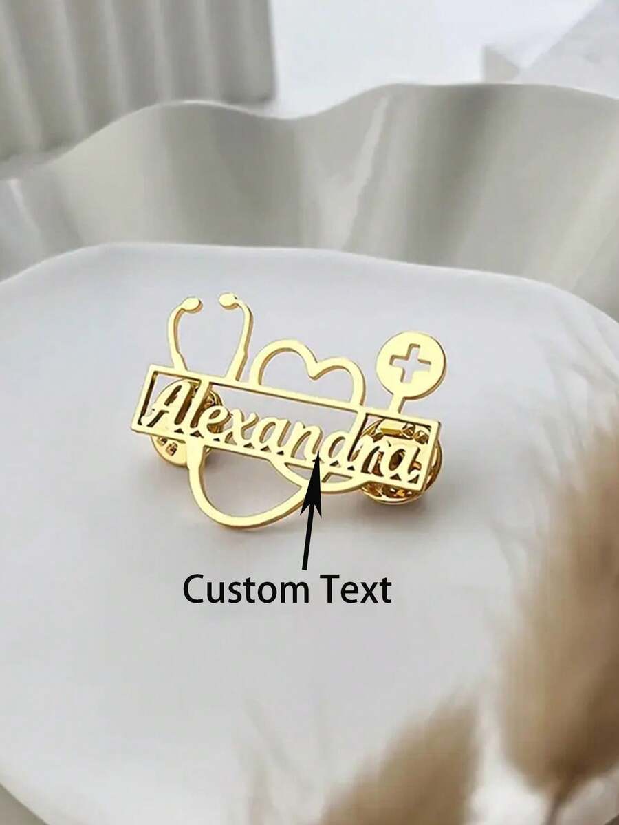 Personalized Name Stethoscope Brooch - Customized Gold Stainless Steel Medical Jewelry With Heart And Cross Design, Perfect Nurse's Day Gift Or Casual Decoration, Stethoscope For Nurses, Colorful, Cute, Adorable, Funny, Kawaii, Y2K, Stylish, Unisex, Casual, Custom, Personalized, Unique, Customized, Ideal Gifts For Him, Ideal Gifts For Her, Her, Boyfriend, School Supplies,New Year Glamour