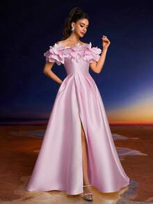 Anymoon 优雅 3D 手工花卉正式晚礼服，适合正式舞会、派对和活动、派对礼服、长袍、婚礼宾客 - 粉色 - 查看 9