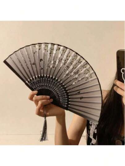1pc Foldable Vintage-Style Hand Fan, Black Collapsible Dance Fan
