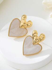 1 Pair Vintage Textured White Heart Stud Earrings For Women, Suitable For Weddings, Parties, And Daily Wear - White - View 2