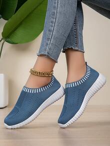 女士透气针织运动鞋休闲系带户外鞋轻便纯色鞋个性化舒适简约 EVA 女鞋 - 寶藍色 - 查看 2
