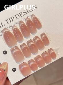 GIRL PLUS Girlplus “无妆感”10片纯手工假指甲，短/中长棺材型、椭圆型，简约时尚裸色高密度亮泽猫眼美甲贴片，猫眼法式边设计，优雅温柔可爱白色时尚美甲套装，适合任何肤色女性日常佩戴，按压式美甲，手工按压式美甲。 - 淺粉色 - 查看 1