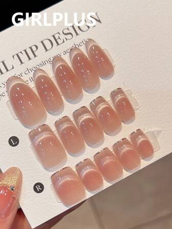 GIRL PLUS Girlplus "No Makeup" 10 Pieces Of Pure Handmade Fake Nails Short/Medium Coffin Type Wearing Nails, Trombone Oval Type Wearing Nails, Advanced Sense Of Simple Wind Nude Nails Plate With High-Density Shiny Cat Eye, Cat Eye French Edge Design, Elegant Gentle And Lovely White Fashion Nails Set, Suitable For Any Skin Color Women Daily Wear Press On Nails Nail Supplies Nails