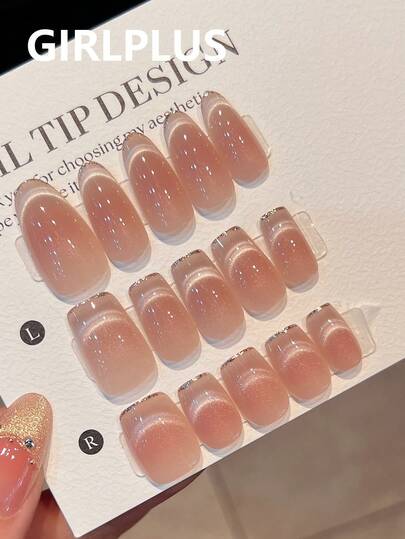 GIRL PLUS Girlplus "No Makeup" 10 Pieces Of Pure Handmade Fake Nails Short/Medium Coffin Type Wearing Nails, Trombone Oval Type Wearing Nails, Advanced Sense Of Simple Wind Nude Nails Plate With High-Density Shiny Cat Eye, Cat Eye French Edge Design, Elegant Gentle And Lovely White Fashion Nails Set, Suitable For Any Skin Color Women Daily Wear Press On Nails Nail Supplies Nails Handmade Press On Nails