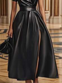 Women A-Line Long Skirts,Ladies Casual,Elegant,Party,High Waist Black PU Side Slit Hem Maxi Skirts,Casual Daily Wear