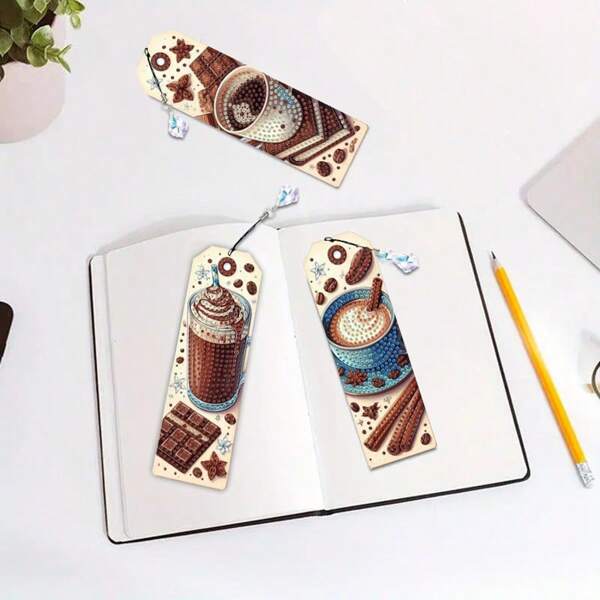 3pcs Diamond Art Bookmarks With Coffee Cup Pattern, Crystal Pendant Bookmarks For Home, Office, School, Classroom, 5D Diamond Painting Suitable For Beginner, Christmas Holiday Handmade Gift