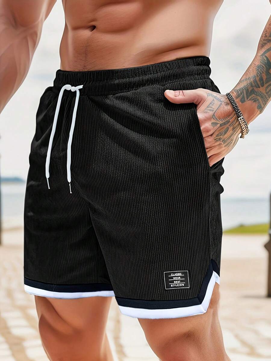 Trending Men's Beach Sports Casual Corduroy Shorts, Slant Pockets, Drawstring, Contrast Color, Ribbed Hem, Simple And Elegant Design, Sports Silhouette, Suitable For Daily Casual, Sports, Commuting, Outing, Summer New Essential Shorts