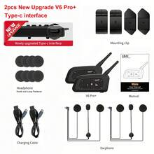 2 件装 EJEAS V6 PRO+ V6 Plus 蓝牙耳机摩托车头盔对讲机 - Type-C 充电，无线 MP3 通信对讲机，最多可容纳 6 名骑手，800 米范围 IP67 防水 - 黑色 - 查看 10