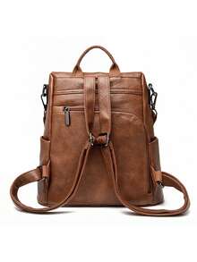 女式皮革背包高品质女士背包奢华设计师大容量休闲背包女孩包，学校背包 - 棕色 - 查看 7