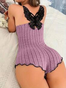 Women's Butterfly Patched Decor Backless Lettuce Trim Contrast Lace Cami Romper, Sexy Bow Decor Sleeveless Spaghetti Strap Ribbed Romper For Summer, Ladies Clothes For Vacation Holiday Party, 90s Clothes Utah Girl Fits, Summer Clothes Women - Lilac - 查看 2