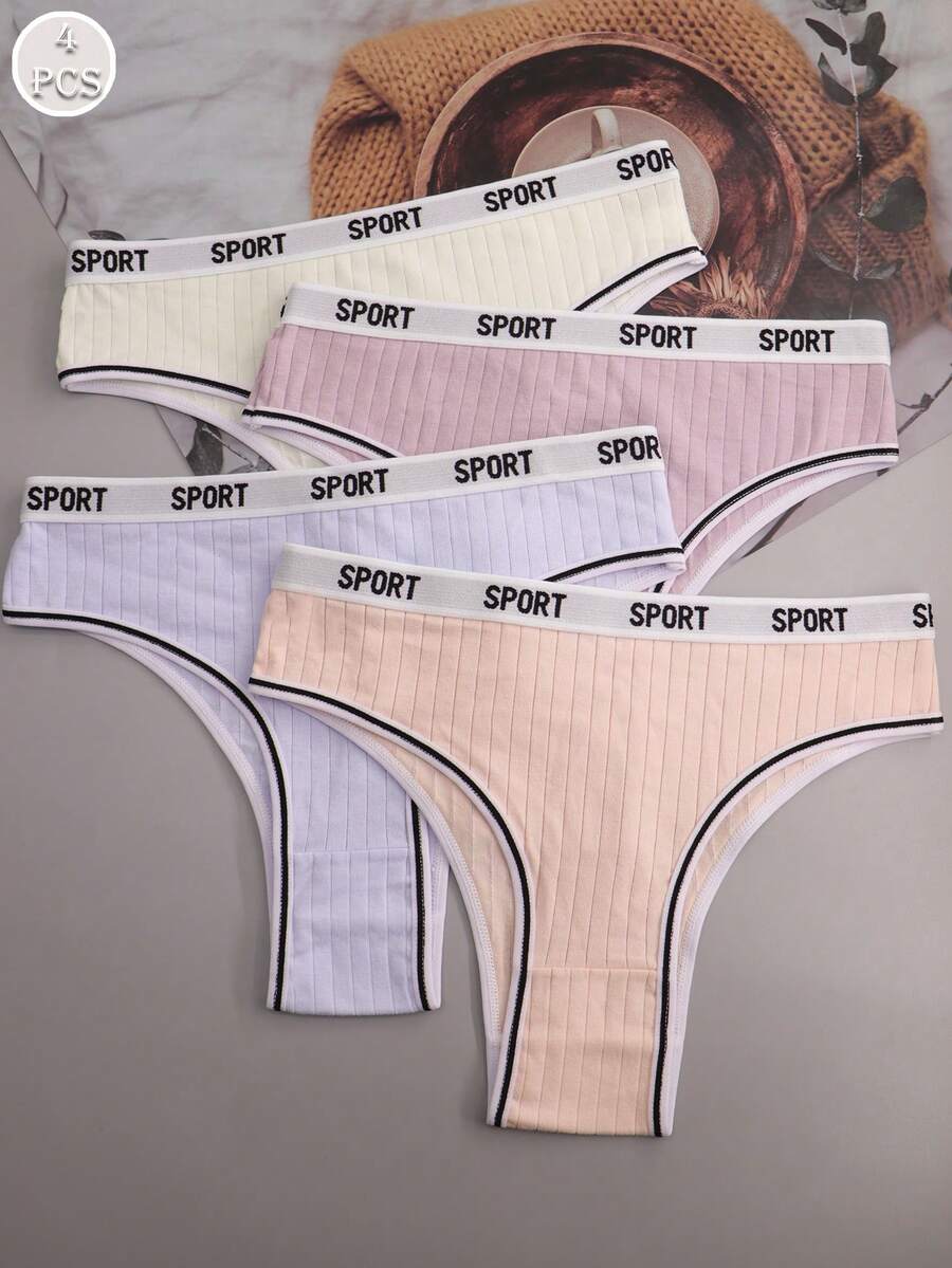 4条装女士彩色字母条纹舒适弹力运动丁字裤