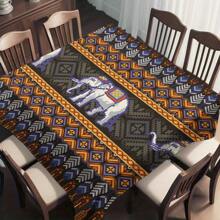 1 Stück geometrische Blumen & Elefanten Bedruckte Tischdecke, moderne rechteckige/runde wasserfeste Polyester Tischdecke, Digital-Muster für Wohnzimmer, Outdoor-Essen, kleiner runder Tisch