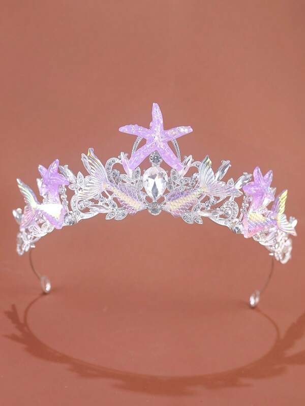 1pc Ocean-Inspired Princess Tiara, Mermaid And Starfish Embellished Alloy Crown, All-Season Party Accessory For Queen - Elegant Women Hair Accessory For Weddings, Parties & Special Occasions