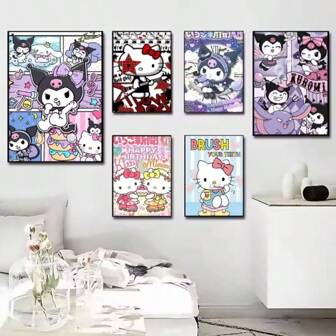 Sanrio 1 pièce Affiches avec cadre optionnel. Oeuvres d'art murales célèbres mignonnes de dessin animé Sanrio Kuromi Hello chat. Affiches HD pour décoration murale de maison, de salle, de bar ou de café