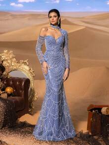 Faeriesty Hochglanz glamouröses paillettenbesetztes Meerjungfrauenkleid mit Choker-Ausschnitt und transparenten Ärmeln - anliegende Silhouette und bodenlanger Schleppe für Abendgalas und luxuriöse Hochzeiten - Blau - Übersicht 4