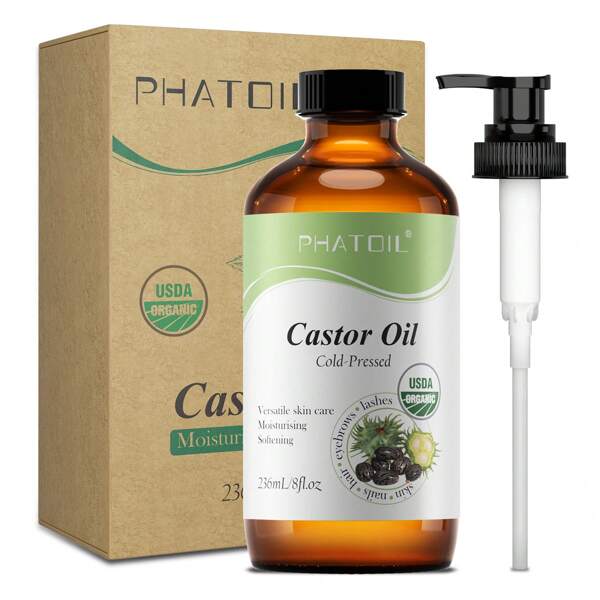 Aceite de ricino prensado en frío puro PHATOIL - Botella de 118ml/236ml - Aceite de ricino para pestañas y cejas talla grande gruesas, piel seca, cuidado del cabello