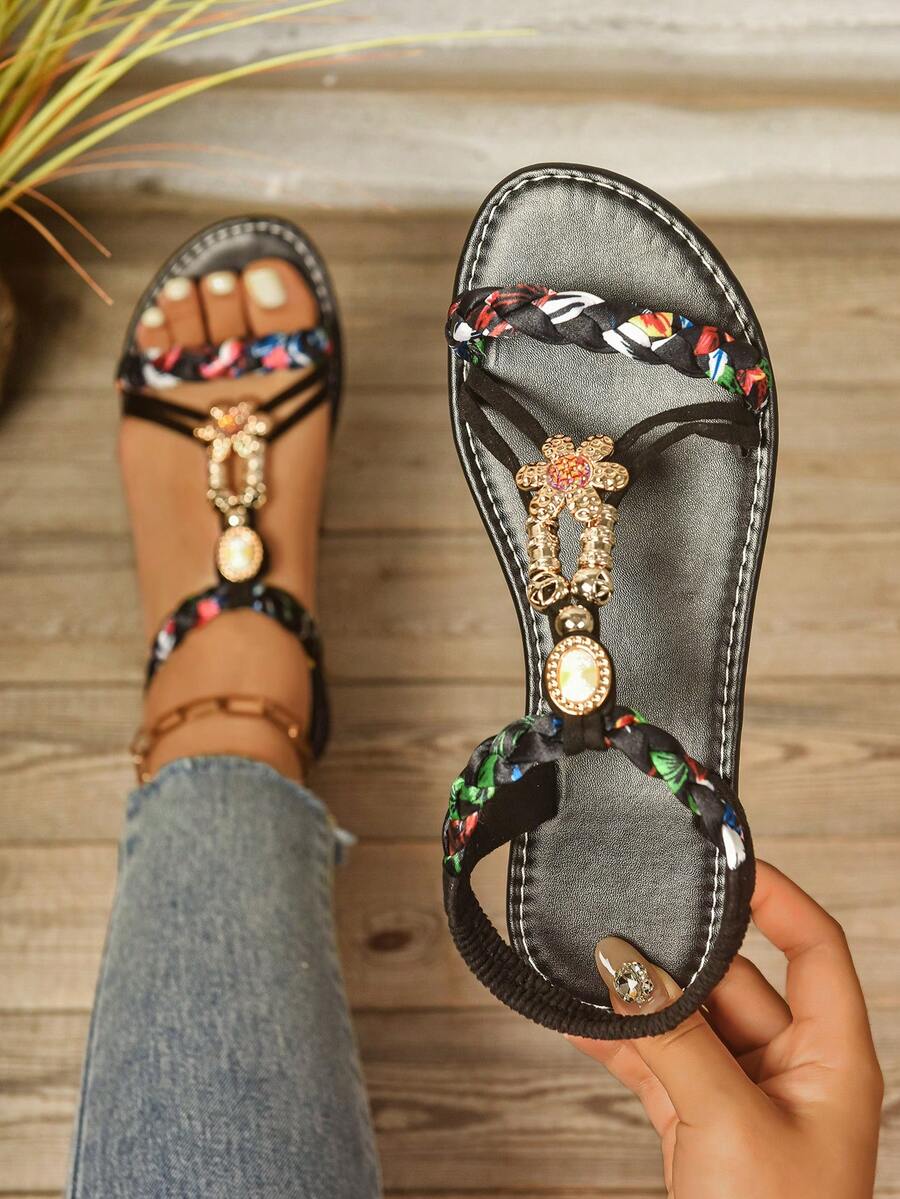Women's Wide Flat Sandals, Fashion Bohemian Retro Retro Style Sandals, Luxury Comfortable Sandals, Versatile Sexy Sandals, Lightweight Party/Beach/Casual Sandals - Black - View 1